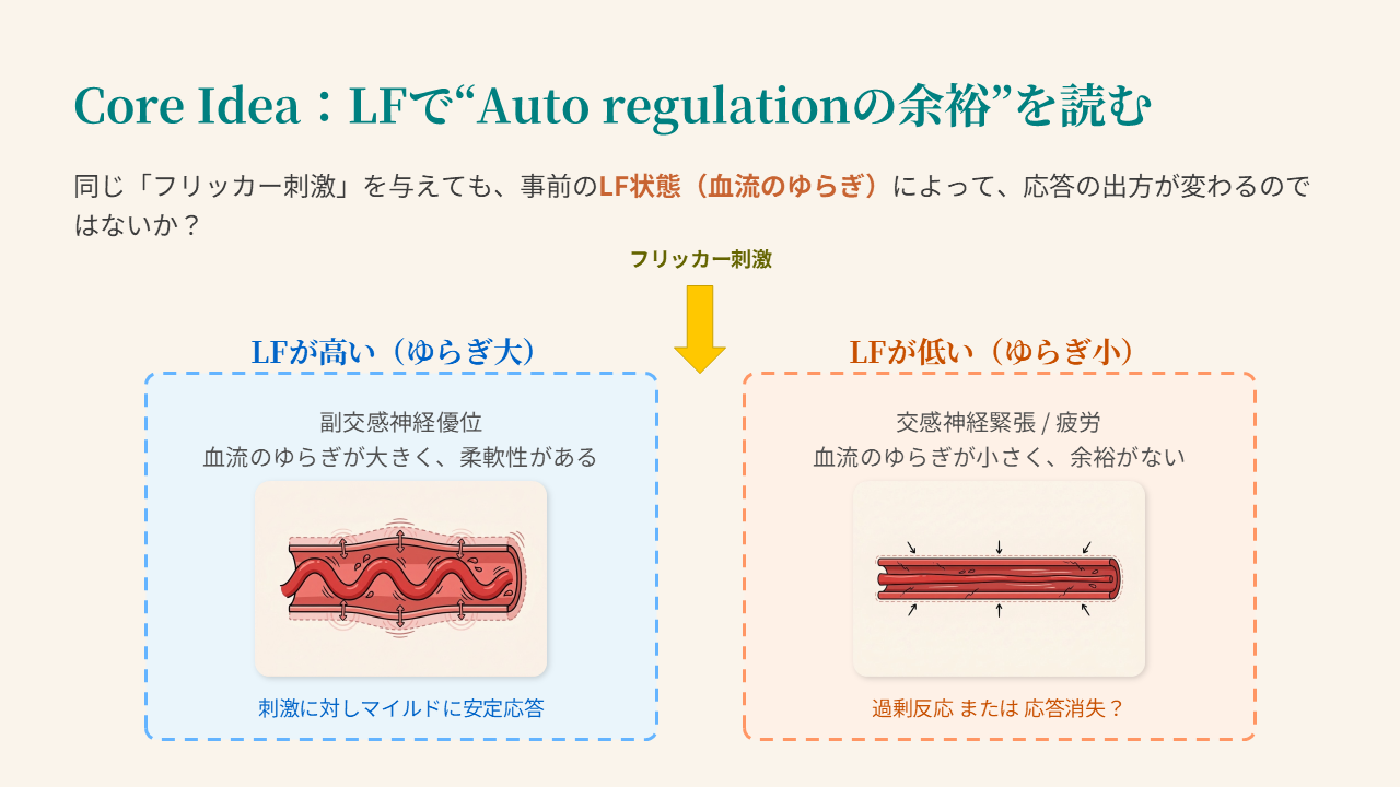 LF, フリッカー刺激, Autoregulation余裕, 副交感神経優位, 交感神経緊張, 血流応答 LF, フリッカー刺激, Autoregulation余裕, 副交感神経優位, 交感神経緊張, 血流応答